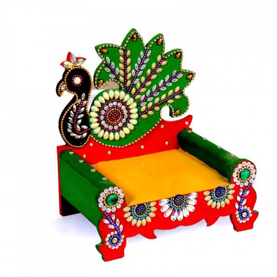 Multicoloured Wooden Single Peacock Singhasan